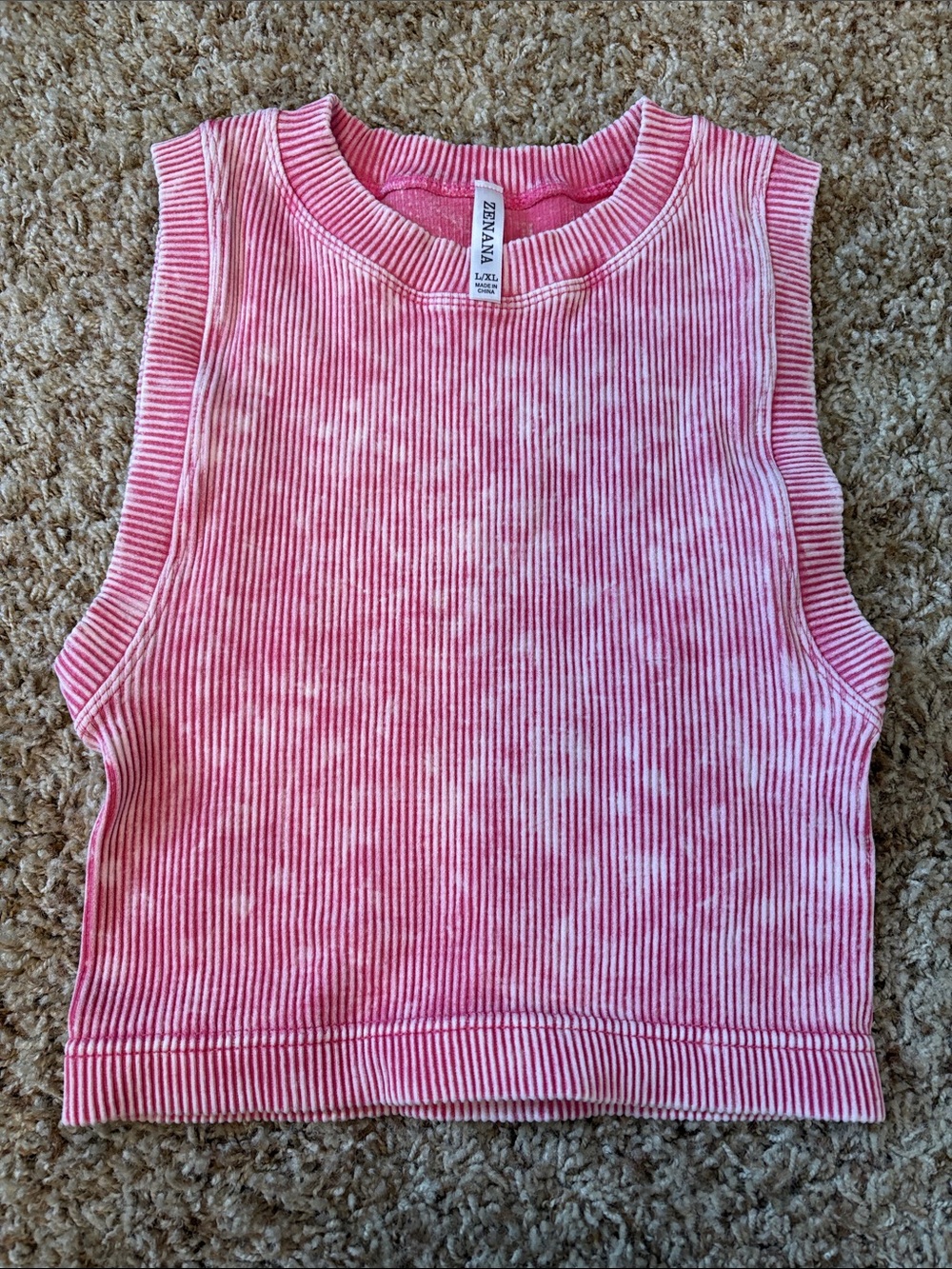 Zenana Pink Ribbed Acid Washed L/XL Cropped Tank NWOT
